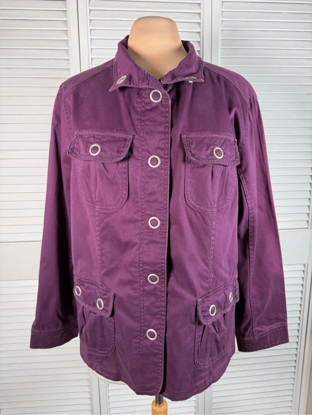 CJ Banks Utility Jacket 1X Purple Stretch Cotton Snap Button Plus‎ Size
